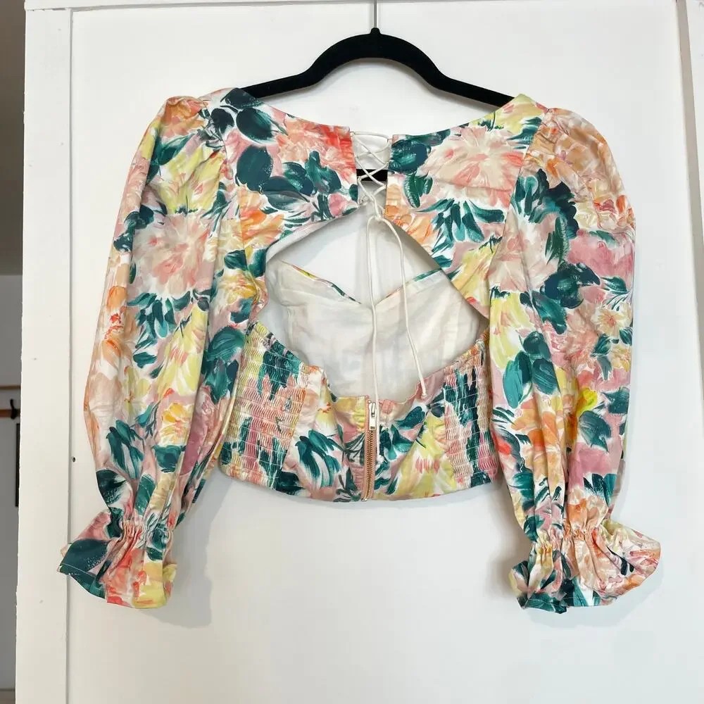 For Love & Lemons Holis Lace Up Crop Top Floral Puff Sleeves Sweetheart And XS - Picture 9 of 9